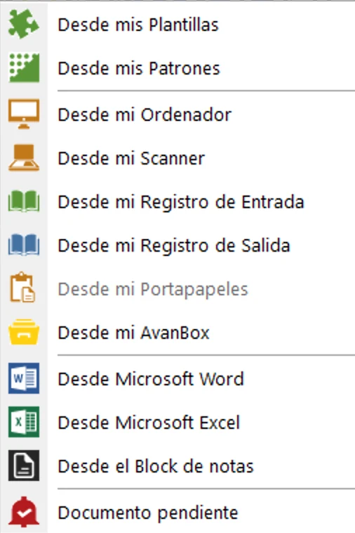 Menú de nuevo documento en Avanbox Core: desde mis plantillas, desde mis patrones, desde mi ordenador, desde mi escáner, desde el registro de entrada o de salida, y documento pendiente