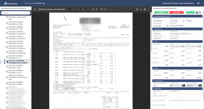 Pantalla de cotejo de Avanbox Astra: la factura a un lado y los datos leídos al otro, con los botones Validar y Rechazar
